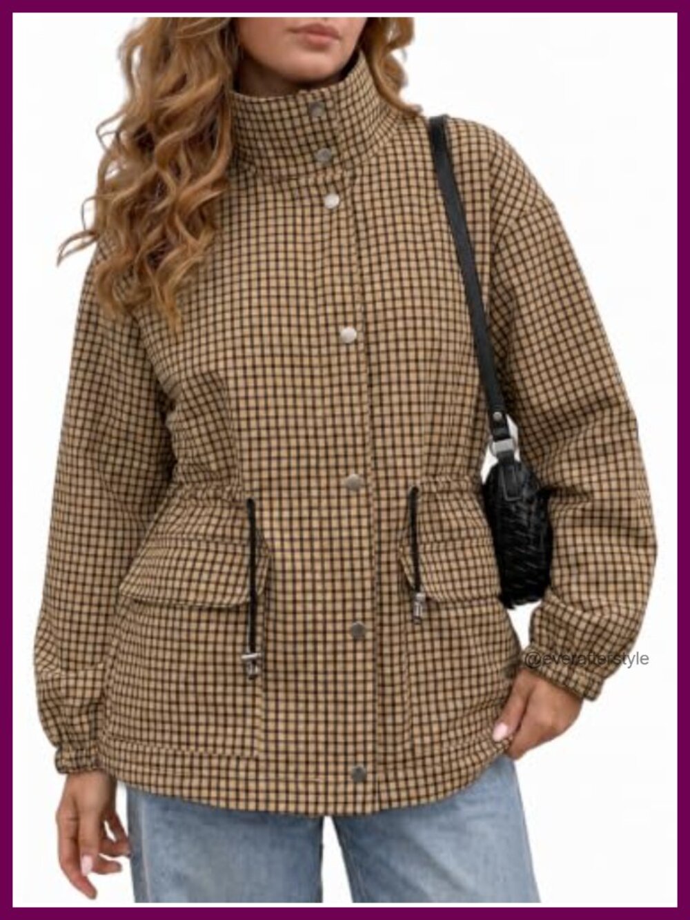 Plaid Zip Up Casual Trench Coat Loose Fit Utility Jacket